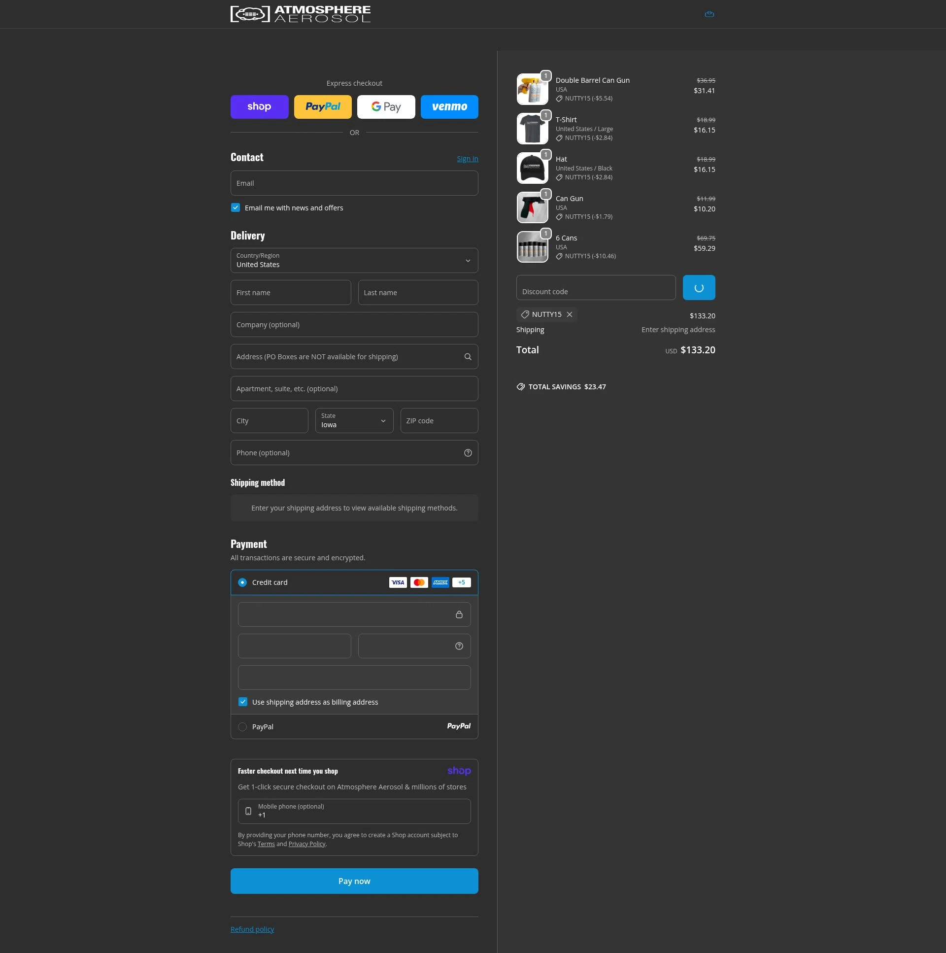 Atmosphere Aerosol checkout page showing Atmosphere Aerosol discount code box | Screenshot taken by SimplyCodes community member on Jan 10, 2026