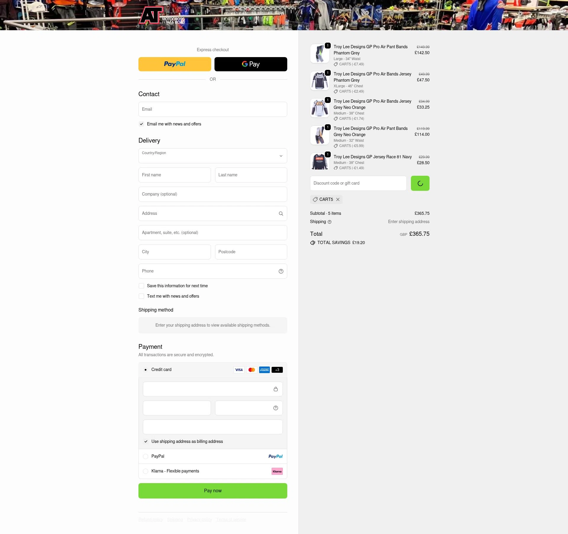AT Motocross checkout page showing AT Motocross discount code box | Screenshot taken by SimplyCodes community member on Dec 30, 2025