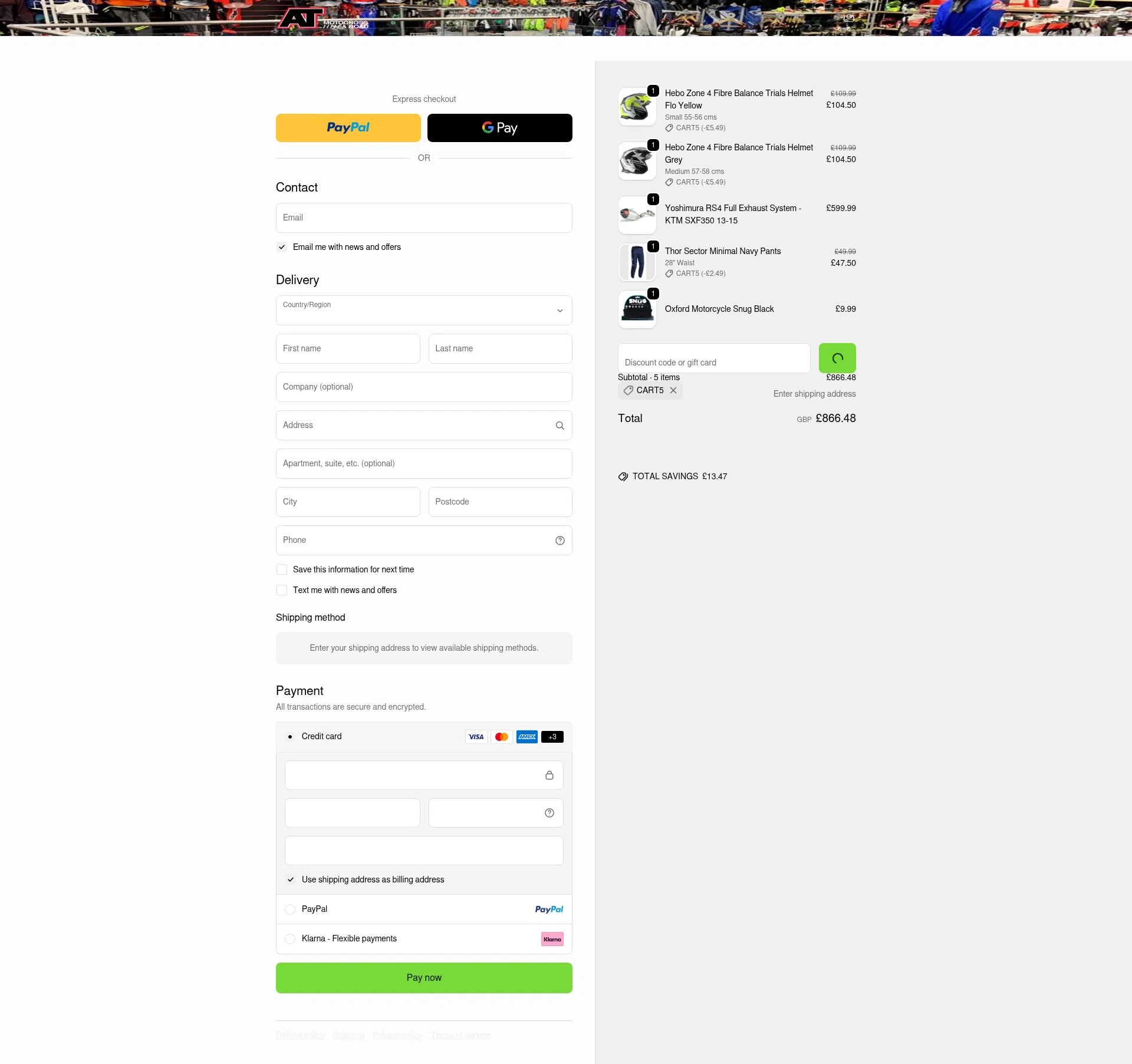 AT Motocross checkout page showing AT Motocross discount code box | Screenshot taken by SimplyCodes community member on Jan 9, 2026