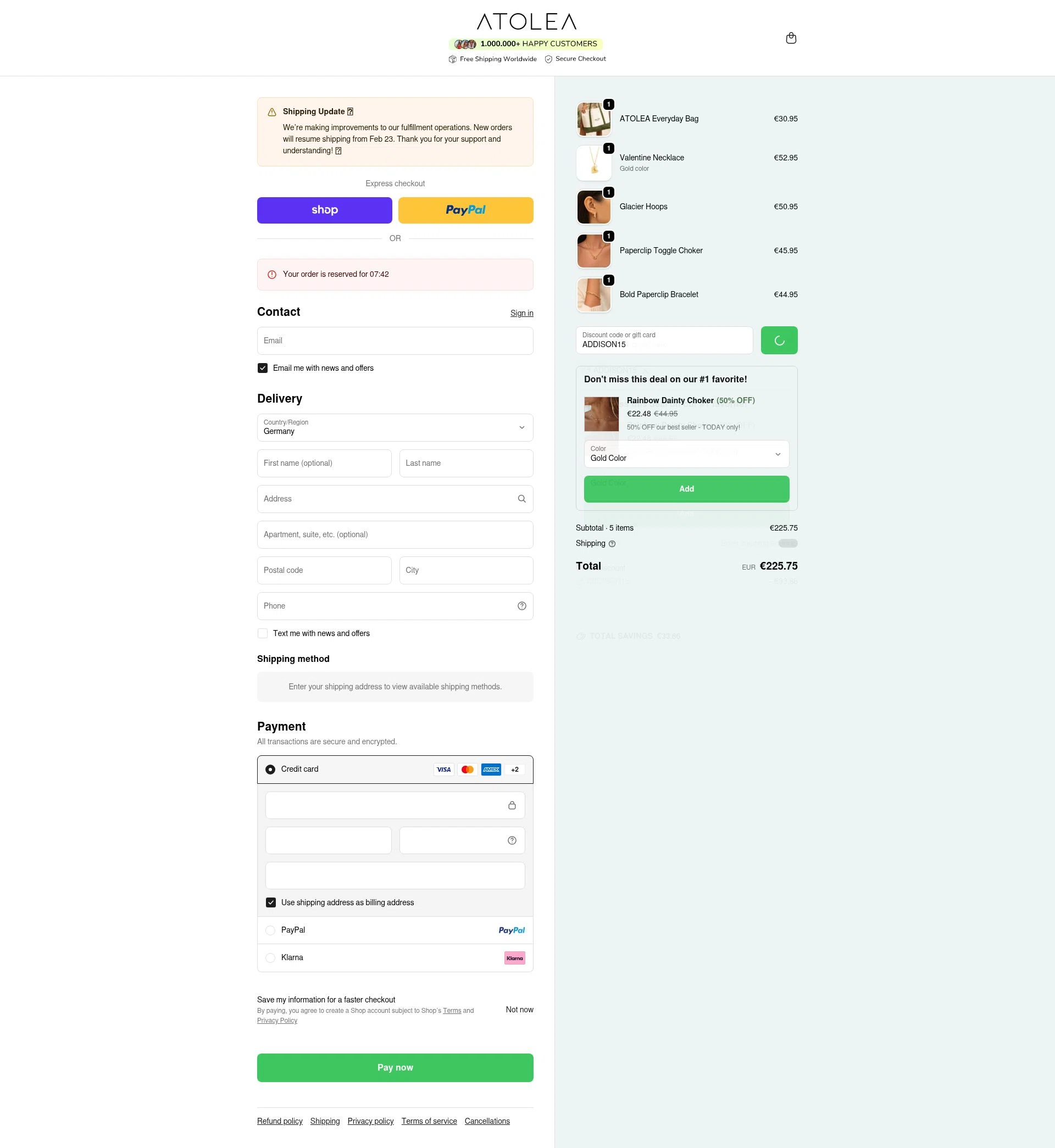 Atolea Jewelry checkout page showing Atolea Jewelry discount code box | Screenshot taken by SimplyCodes community member on Feb 19, 2026