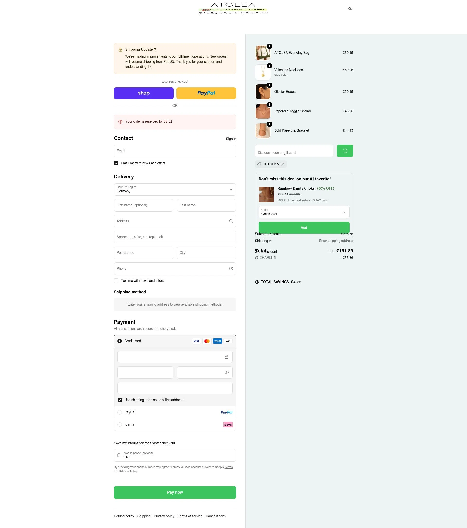 Atolea Jewelry checkout page showing Atolea Jewelry discount code box | Screenshot taken by SimplyCodes community member on Feb 19, 2026
