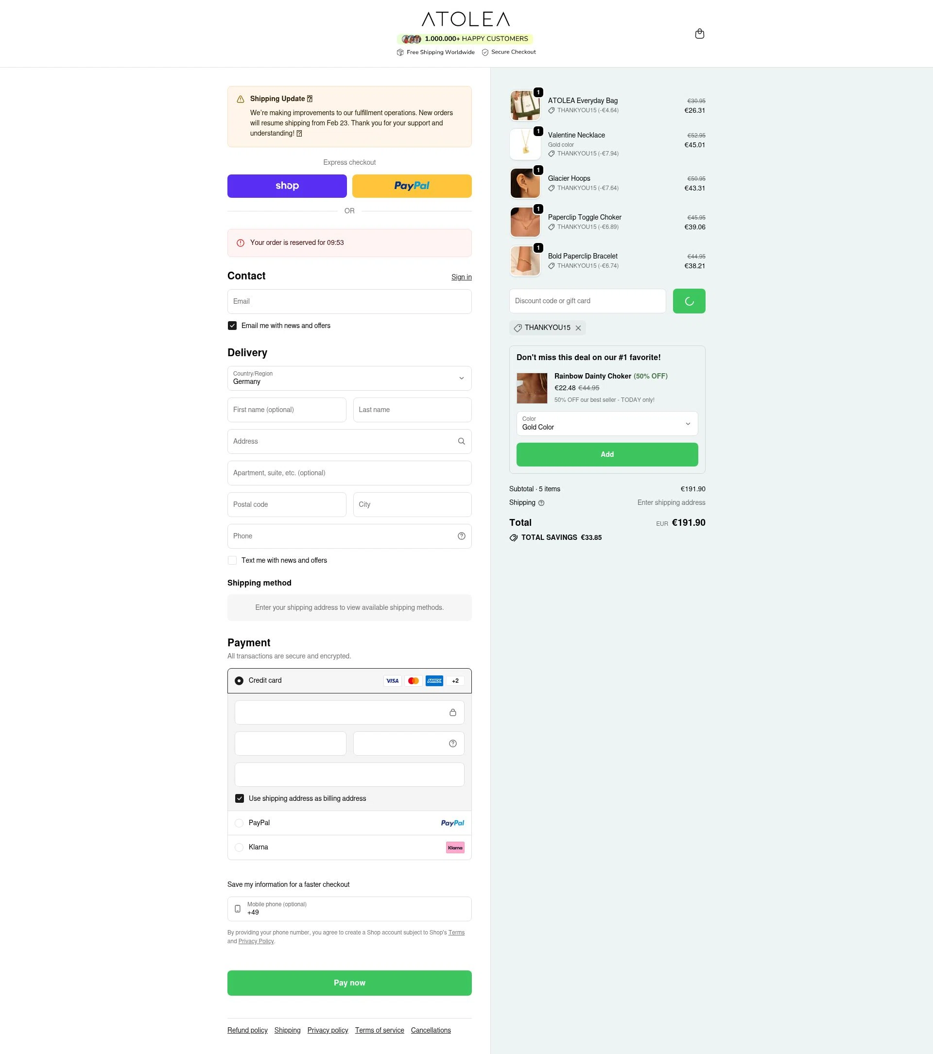 Atolea Jewelry checkout page showing Atolea Jewelry discount code box | Screenshot taken by SimplyCodes community member on Feb 19, 2026