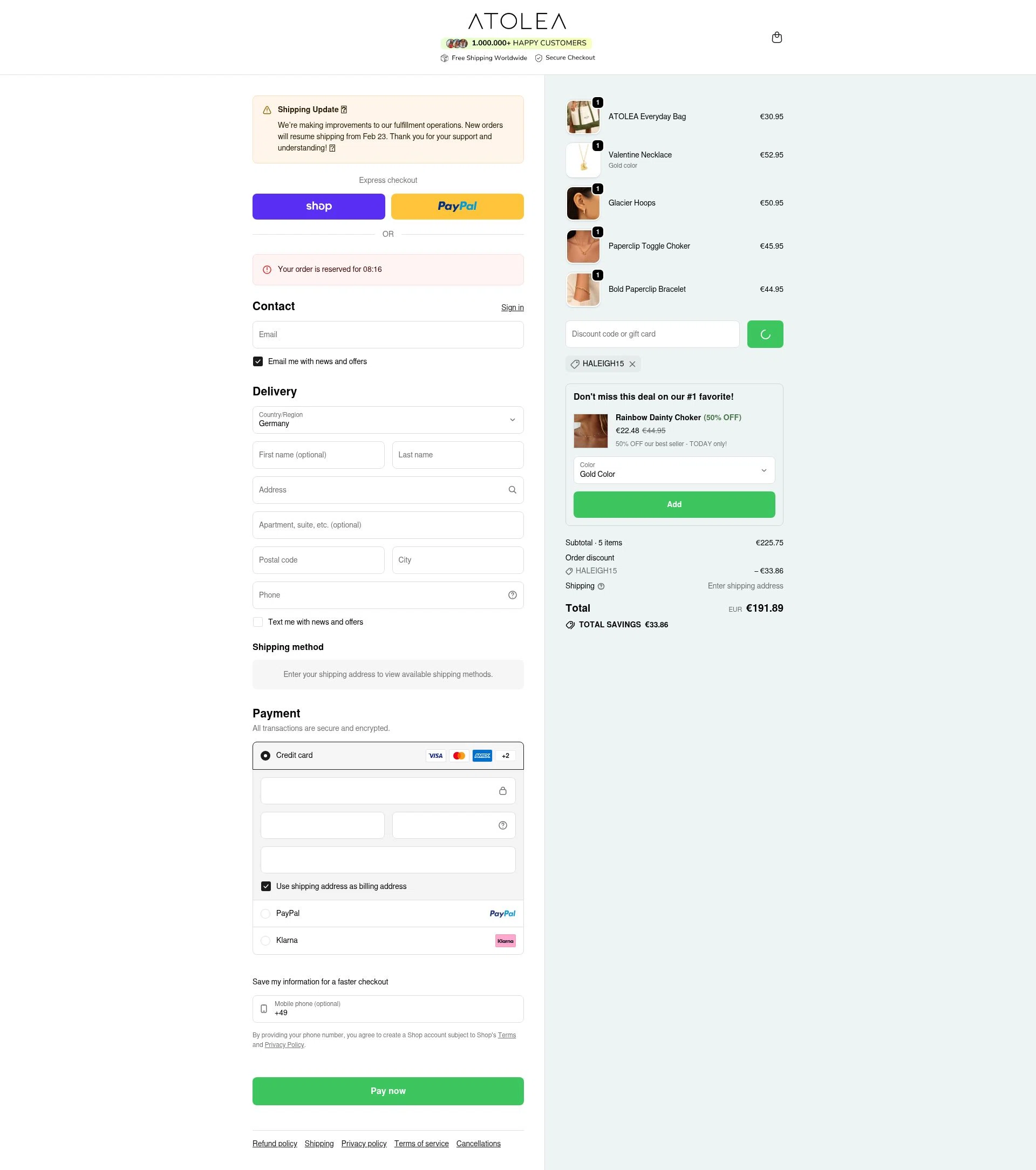 Atolea Jewelry checkout page showing Atolea Jewelry discount code box | Screenshot taken by SimplyCodes community member on Feb 19, 2026