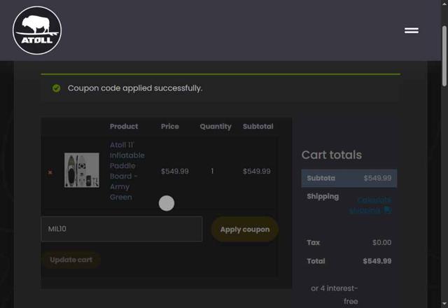 Atoll Board checkout page showing Atoll Board coupon code box | Screenshot taken by SimplyCodes community member on Jul 18, 2025