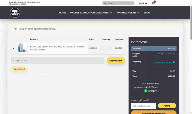Atoll Board checkout page showing Atoll Board coupon code box | Screenshot taken by SimplyCodes community member on Jul 18, 2025