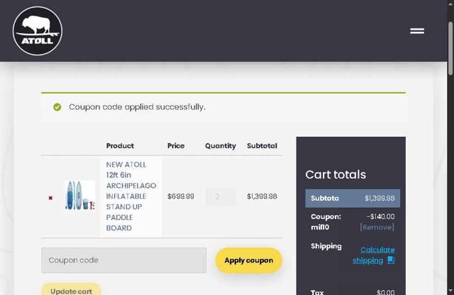 Atoll Board checkout page showing Atoll Board coupon code box | Screenshot taken by SimplyCodes community member on Jul 18, 2025