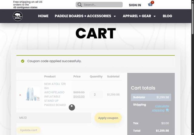 Atoll Board checkout page showing Atoll Board coupon code box | Screenshot taken by SimplyCodes community member on Jul 18, 2025