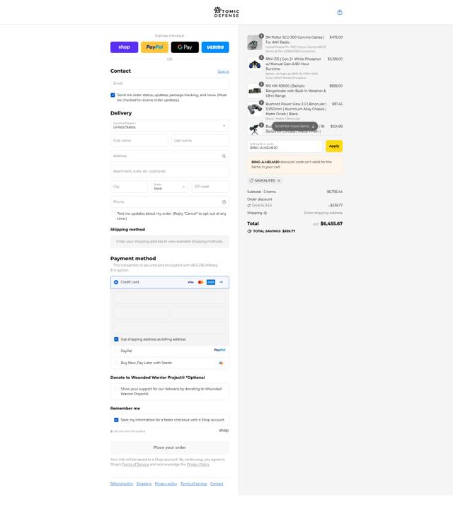 Atomic Defense checkout page showing Atomic Defense coupon code box | Screenshot taken by SimplyCodes community member on Sep 9, 2025