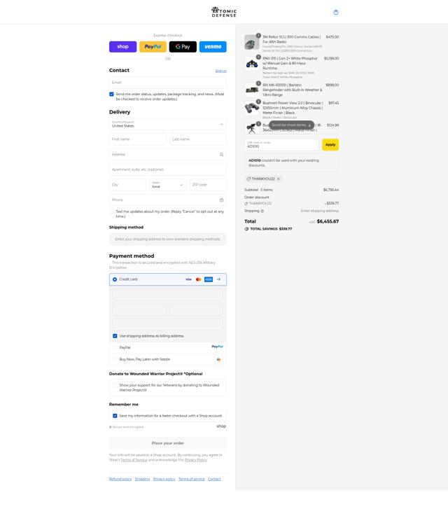 Atomic Defense checkout page showing Atomic Defense coupon code box | Screenshot taken by SimplyCodes community member on Sep 9, 2025