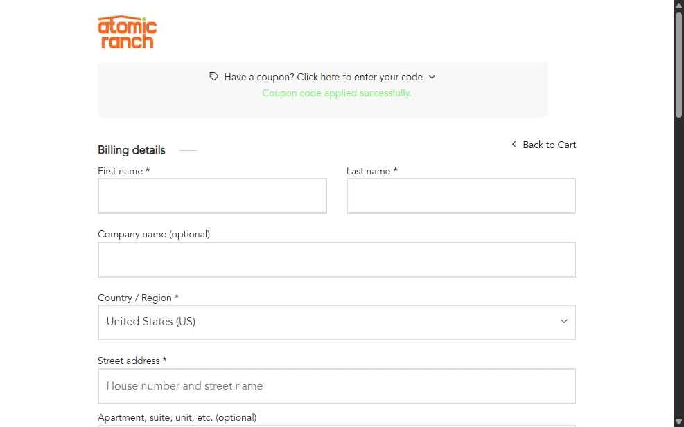 Atomic Ranch checkout page showing Atomic Ranch promo code box | Screenshot taken by SimplyCodes community member on Oct 10, 2025