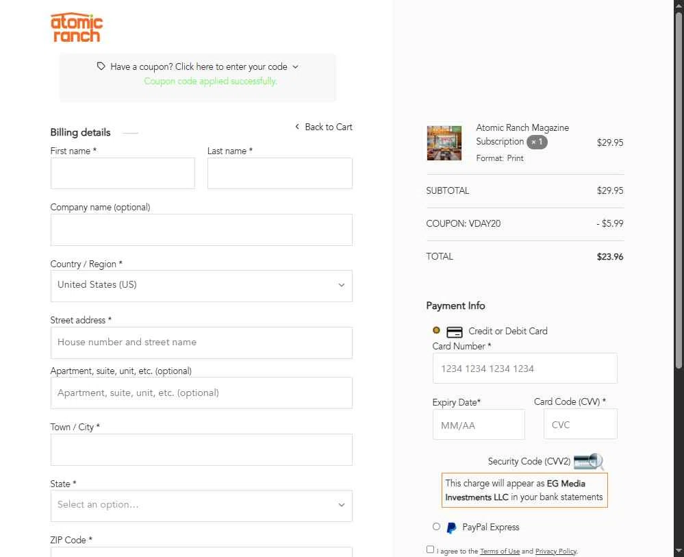 Atomic Ranch checkout page showing Atomic Ranch promo code box | Screenshot taken by SimplyCodes community member on Feb 10, 2026