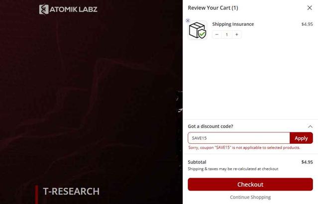 Atomik Labz checkout page showing Atomik Labz discount code box | Screenshot taken by SimplyCodes community member on Aug 16, 2025