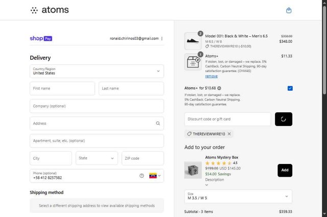 Atoms checkout page showing Atoms promo code box | Screenshot taken by SimplyCodes community member on Aug 28, 2025