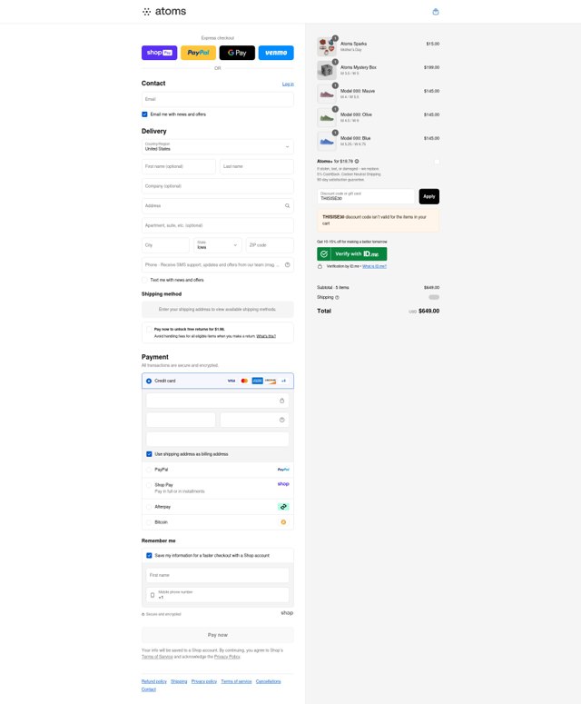 Atoms checkout page showing Atoms promo code box | Screenshot taken by SimplyCodes community member on Aug 28, 2025
