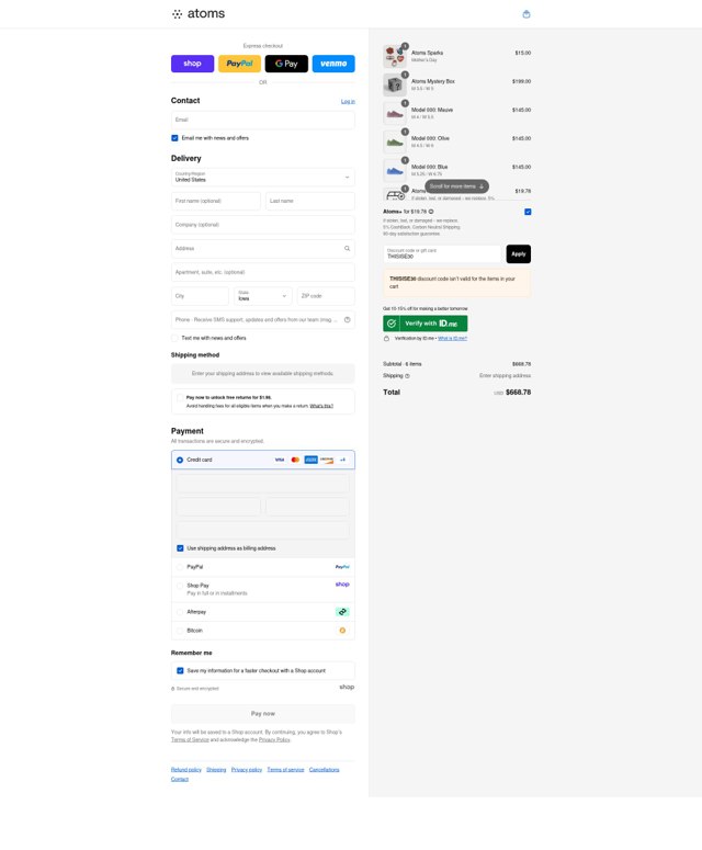 Atoms checkout page showing Atoms promo code box | Screenshot taken by SimplyCodes community member on Sep 1, 2025