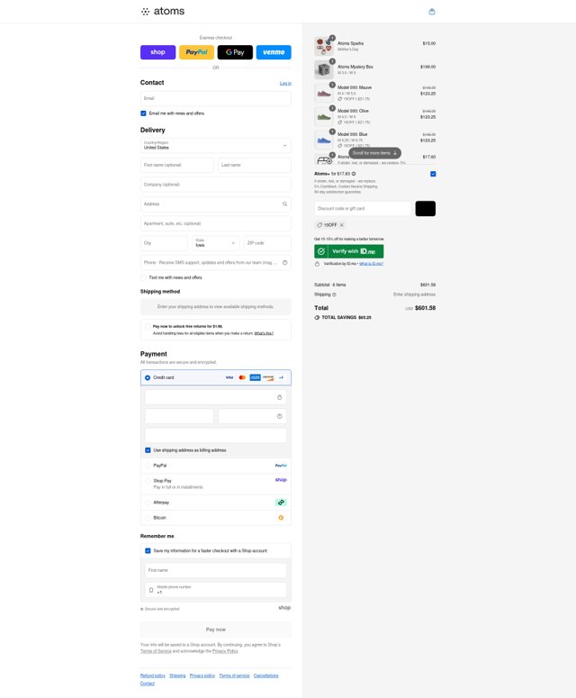 Atoms checkout page showing Atoms promo code box | Screenshot taken by SimplyCodes community member on Sep 1, 2025