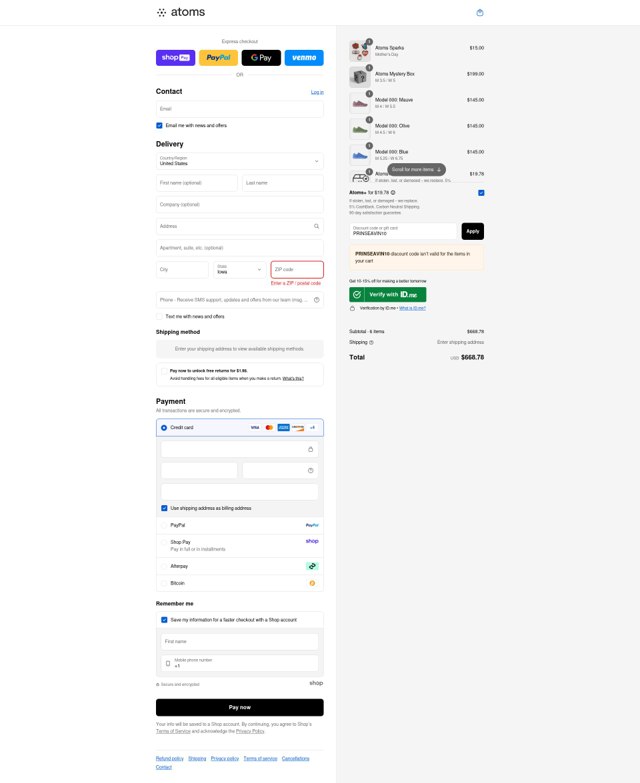 Atoms checkout page showing Atoms promo code box | Screenshot taken by SimplyCodes community member on Aug 28, 2025