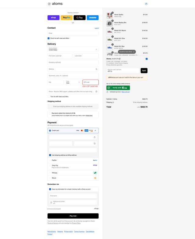 Atoms checkout page showing Atoms promo code box | Screenshot taken by SimplyCodes community member on Sep 1, 2025