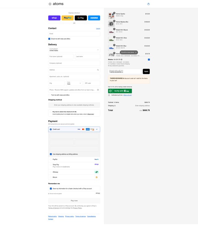 Atoms checkout page showing Atoms promo code box | Screenshot taken by SimplyCodes community member on Sep 1, 2025