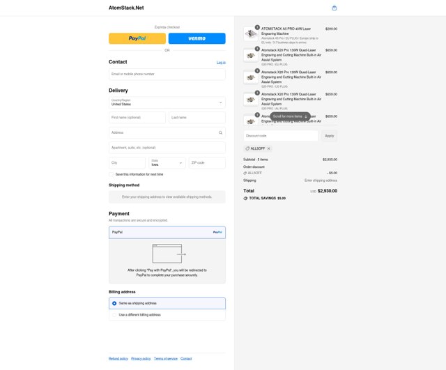 Atomstack Online Store checkout page showing Atomstack Online Store promo code box | Screenshot taken by SimplyCodes community member on Aug 31, 2025