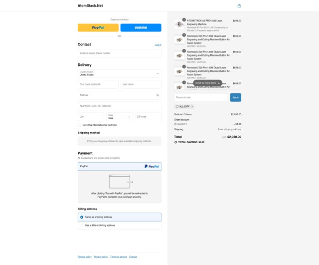 Atomstack Online Store checkout page showing Atomstack Online Store promo code box | Screenshot taken by SimplyCodes community member on Aug 5, 2025