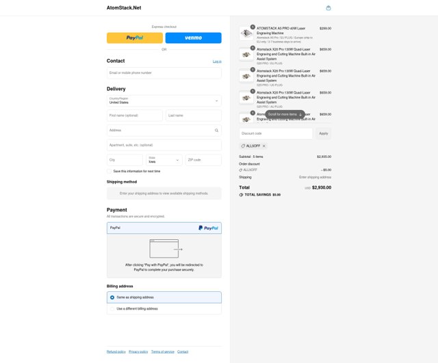 Atomstack Online Store checkout page showing Atomstack Online Store promo code box | Screenshot taken by SimplyCodes community member on Aug 9, 2025