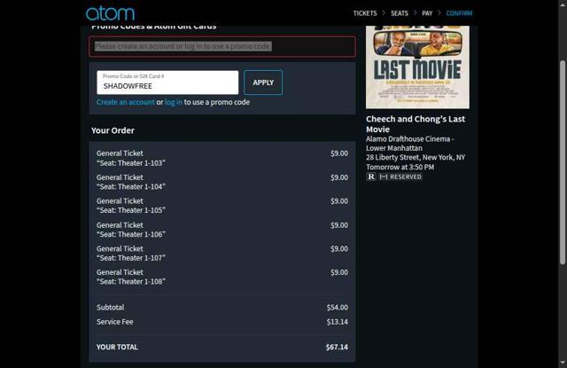Atom Tickets checkout page showing Atom Tickets promo code box | Screenshot taken by SimplyCodes community member on Apr 28, 2025