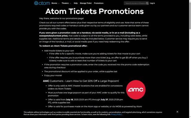 Atom Tickets checkout page showing Atom Tickets promo code box | Screenshot taken by SimplyCodes community member on Jul 25, 2025