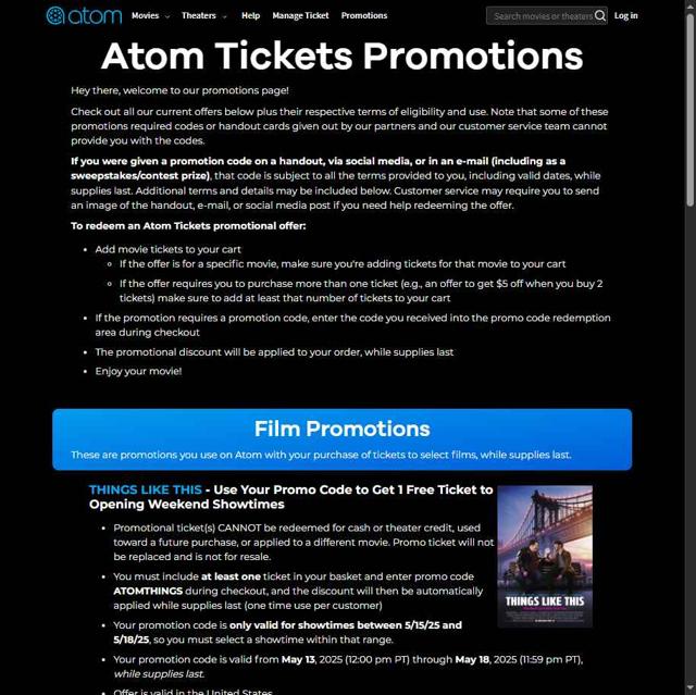 Atom Tickets checkout page showing Atom Tickets promo code box | Screenshot taken by SimplyCodes community member on May 14, 2025