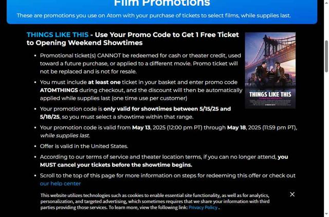 Atom Tickets checkout page showing Atom Tickets promo code box | Screenshot taken by SimplyCodes community member on May 15, 2025