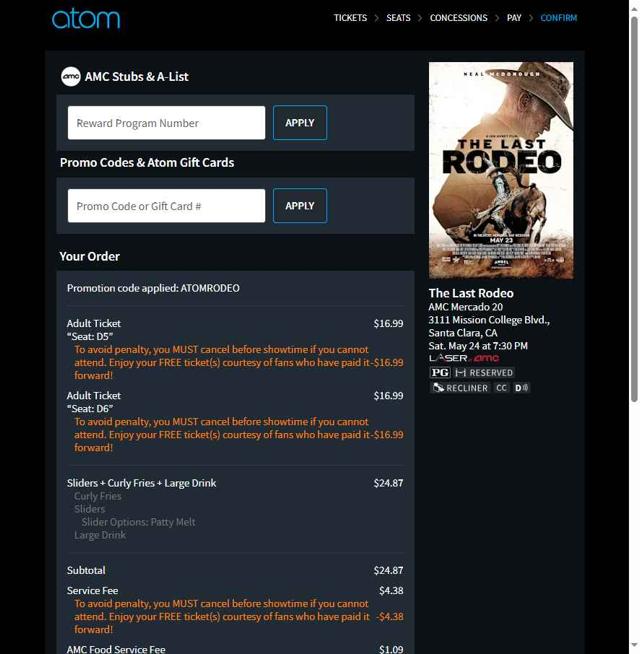 Atom Tickets checkout page showing Atom Tickets promo code box | Screenshot taken by SimplyCodes community member on May 17, 2025