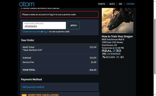 Atom Tickets checkout page showing Atom Tickets promo code box | Screenshot taken by SimplyCodes community member on Jun 29, 2025