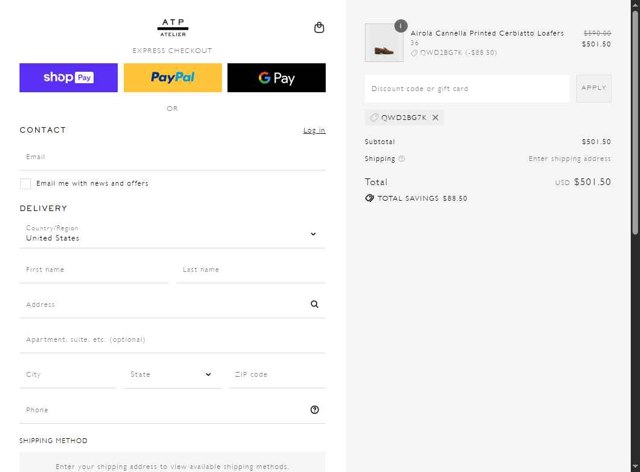 ATP Atelier checkout page showing ATP Atelier promo code box | Screenshot taken by SimplyCodes community member on Aug 26, 2025