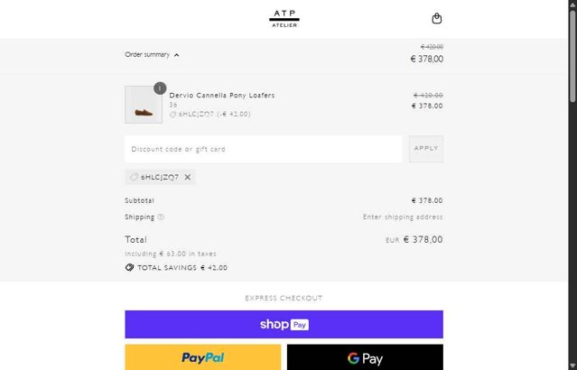 ATP Atelier checkout page showing ATP Atelier promo code box | Screenshot taken by SimplyCodes community member on Aug 15, 2025