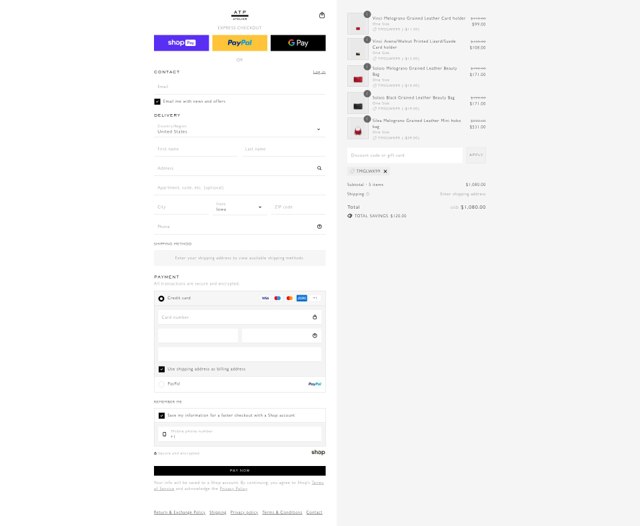 ATP Atelier checkout page showing ATP Atelier promo code box | Screenshot taken by SimplyCodes community member on Aug 21, 2025