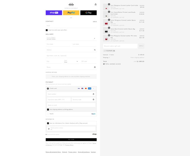 ATP Atelier checkout page showing ATP Atelier promo code box | Screenshot taken by SimplyCodes community member on Aug 21, 2025