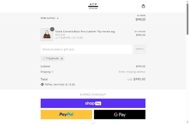 ATP Atelier checkout page showing ATP Atelier promo code box | Screenshot taken by SimplyCodes community member on Aug 16, 2025