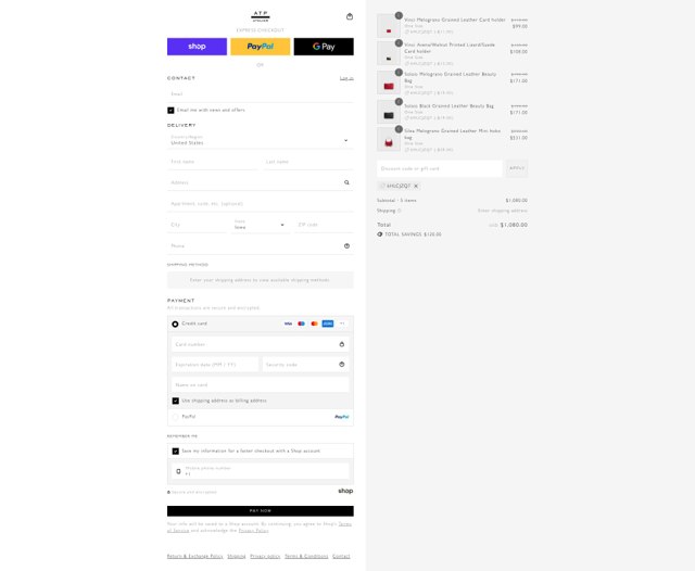 ATP Atelier checkout page showing ATP Atelier promo code box | Screenshot taken by SimplyCodes community member on Aug 29, 2025