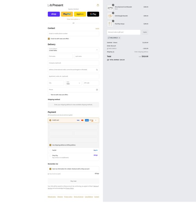 At Present checkout page showing At Present discount code box | Screenshot taken by SimplyCodes community member on Sep 4, 2025