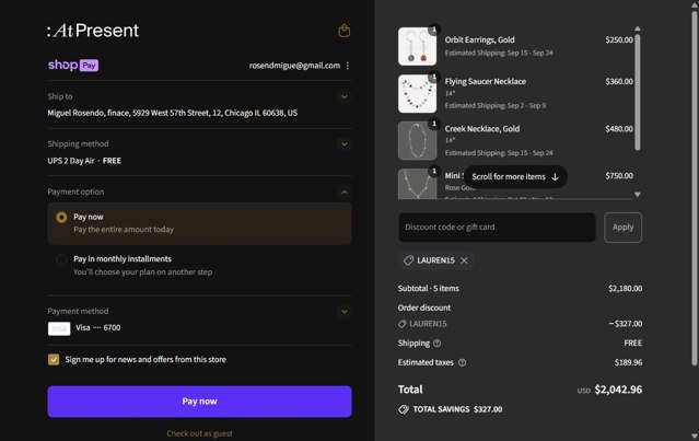 At Present checkout page showing At Present discount code box | Screenshot taken by SimplyCodes community member on Aug 25, 2025