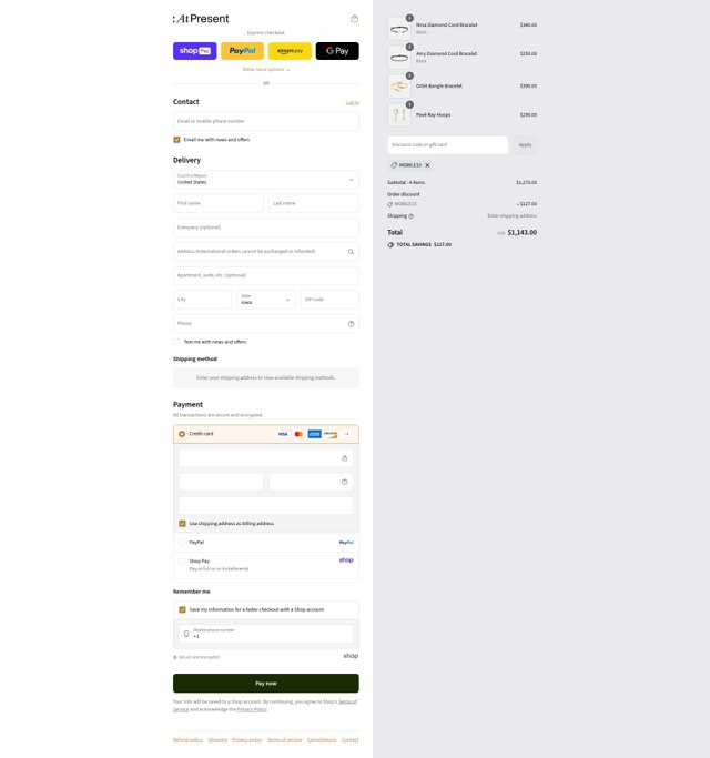 At Present checkout page showing At Present discount code box | Screenshot taken by SimplyCodes community member on Aug 27, 2025