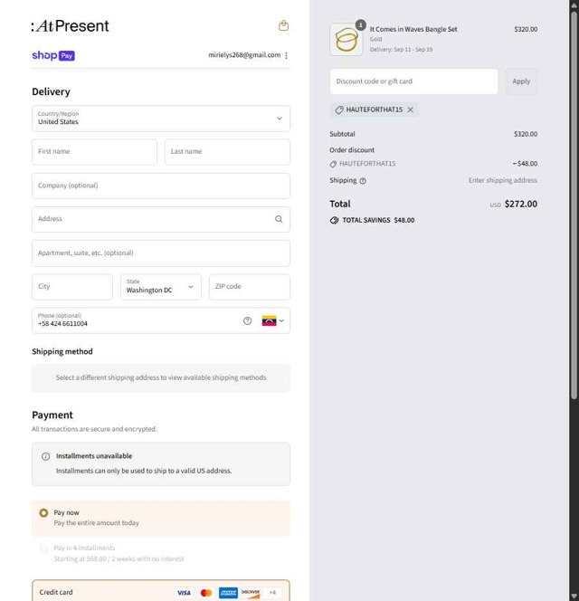 At Present checkout page showing At Present discount code box | Screenshot taken by SimplyCodes community member on Aug 26, 2025