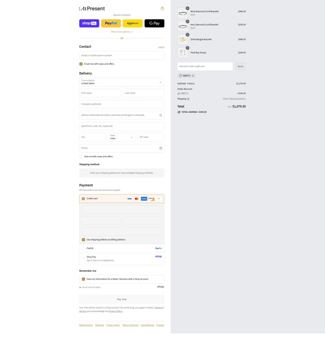 At Present checkout page showing At Present discount code box | Screenshot taken by SimplyCodes community member on Aug 27, 2025