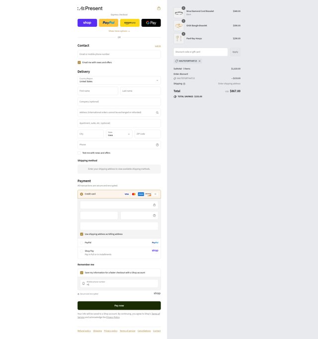 At Present checkout page showing At Present discount code box | Screenshot taken by SimplyCodes community member on Sep 4, 2025