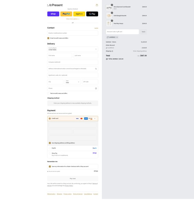 At Present checkout page showing At Present discount code box | Screenshot taken by SimplyCodes community member on Sep 4, 2025