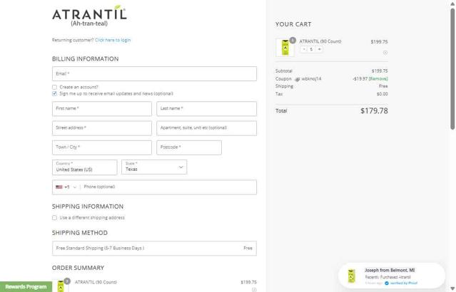 Atrantil checkout page showing Atrantil promo code box | Screenshot taken by SimplyCodes community member on Apr 26, 2025