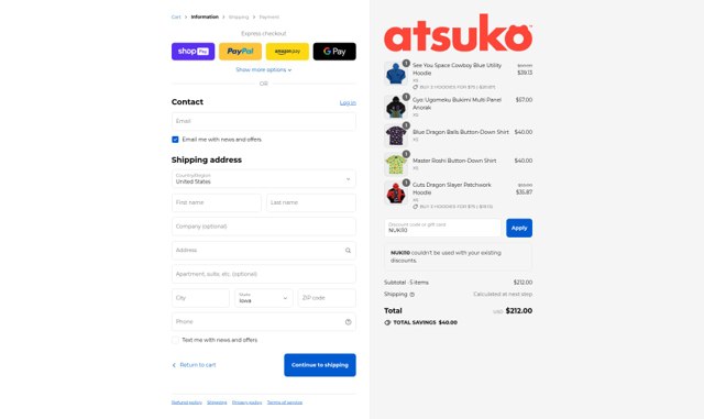 Atsuko checkout page showing Atsuko discount code box | Screenshot taken by SimplyCodes community member on Aug 26, 2025