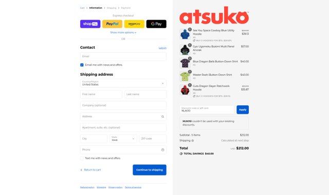 Atsuko checkout page showing Atsuko discount code box | Screenshot taken by SimplyCodes community member on Aug 16, 2025
