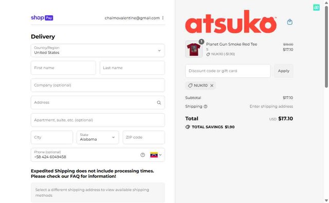 Atsuko checkout page showing Atsuko discount code box | Screenshot taken by SimplyCodes community member on Aug 8, 2025