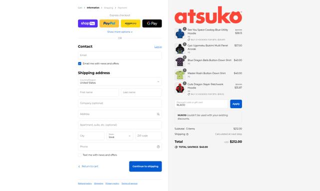Atsuko checkout page showing Atsuko discount code box | Screenshot taken by SimplyCodes community member on Aug 22, 2025